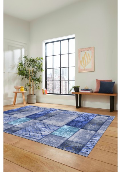 Dijital Kaymaz Taban Yıkanabilir Patchwork Desen Yolluk Mutfak Salon Halısı, Patchwork-18-Mavi,