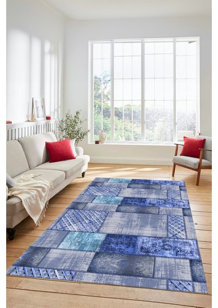 Dijital Kaymaz Taban Yıkanabilir Patchwork Desen Yolluk Mutfak Salon Halısı, Patchwork-18-Mavi,