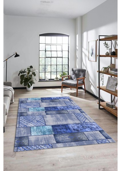 Dijital Kaymaz Taban Yıkanabilir Patchwork Desen Yolluk Mutfak Salon Halısı, Patchwork-18-Mavi,