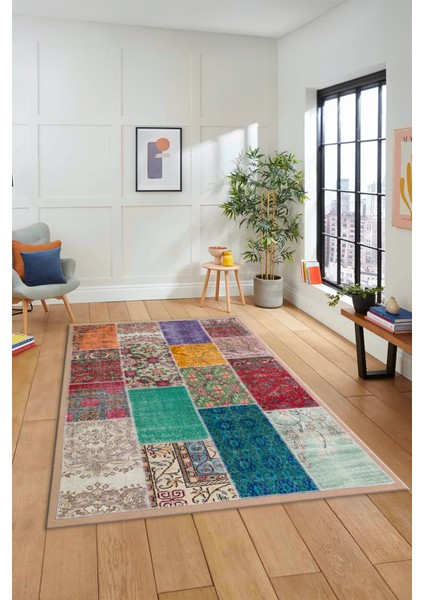 Dijital Kaymaz Taban Yıkanabilir Patchwork Desen Yolluk Mutfak Salon Halısı, Patchwork-01-Renkli,