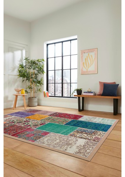 Dijital Kaymaz Taban Yıkanabilir Patchwork Desen Yolluk Mutfak Salon Halısı, Patchwork-01-Renkli,