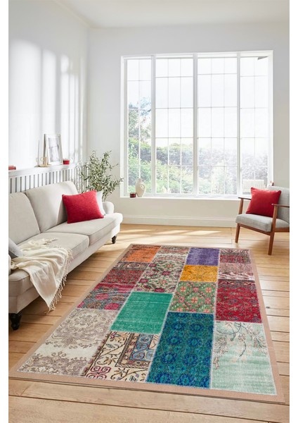 Dijital Kaymaz Taban Yıkanabilir Patchwork Desen Yolluk Mutfak Salon Halısı, Patchwork-01-Renkli,
