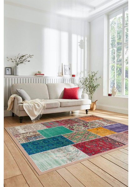 Dijital Kaymaz Taban Yıkanabilir Patchwork Desen Yolluk Mutfak Salon Halısı, Patchwork-01-Renkli,