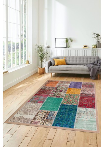Dijital Kaymaz Taban Yıkanabilir Patchwork Desen Yolluk Mutfak Salon Halısı, Patchwork-01-Renkli,