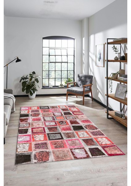 Dijital Kaymaz Taban Yıkanabilir Patchwork Desen Yolluk Mutfak Salon Halısı, Patchwork-14-Kırmızı,