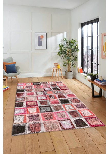 Dijital Kaymaz Taban Yıkanabilir Patchwork Desen Yolluk Mutfak Salon Halısı, Patchwork-14-Kırmızı,