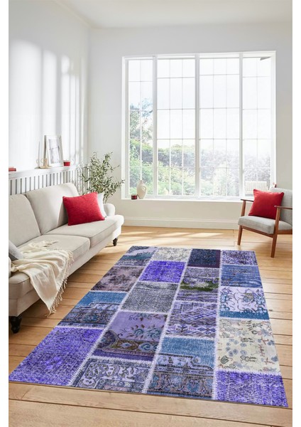Dijital Kaymaz Taban Yıkanabilir Patchwork Desen Yolluk Mutfak Salon Halısı, Patchwork-04-Mavi,