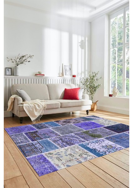 Dijital Kaymaz Taban Yıkanabilir Patchwork Desen Yolluk Mutfak Salon Halısı, Patchwork-04-Mavi,
