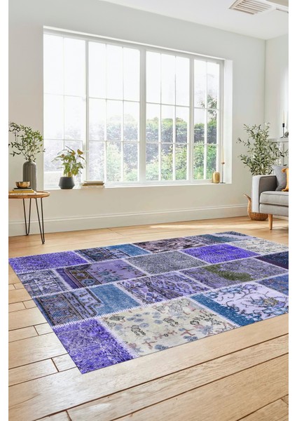 Dijital Kaymaz Taban Yıkanabilir Patchwork Desen Yolluk Mutfak Salon Halısı, Patchwork-04-Mavi,