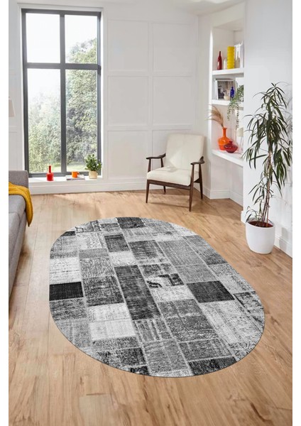 Baskılı Kaymaz Taban Yıkanabilir Patchwork Desen Oval Yolluk Salon Halısı, O-Patchwork-03-Gri, fiyatları