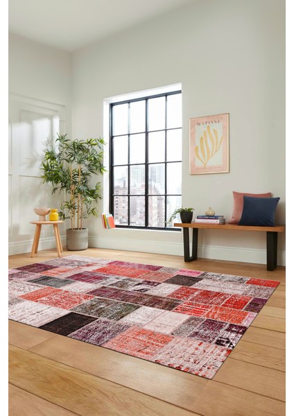 Dijital Kaymaz Taban Yıkanabilir Patchwork Desen Yolluk Mutfak Salon Halısı, Patchwork-03-Kırmızı,