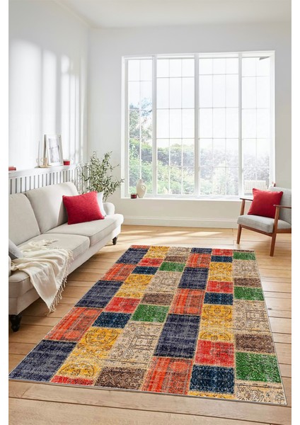 Dijital Kaymaz Taban Yıkanabilir Patchwork Desen Yolluk Mutfak Salon Halısı, Patchwork-07-Renkli,