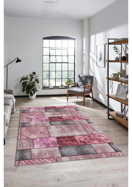 Dijital Kaymaz Taban Yıkanabilir Patchwork Desen Yolluk Mutfak Salon Halısı, Patchwork-18-Pembe,