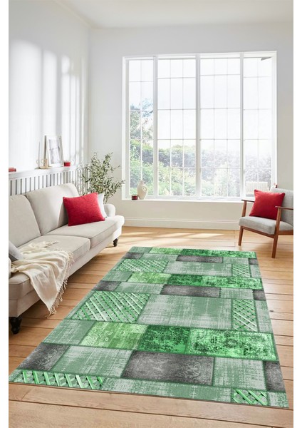 Dijital Kaymaz Taban Yıkanabilir Patchwork Desen Yolluk Mutfak Salon Halısı, Patchwork-18-Yeşil,