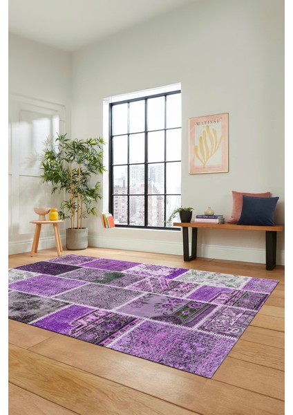 Dijital Kaymaz Taban Yıkanabilir Patchwork Desen Yolluk Mutfak Salon Halısı, Patchwork-04-Mor,