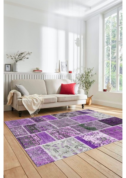 Dijital Kaymaz Taban Yıkanabilir Patchwork Desen Yolluk Mutfak Salon Halısı, Patchwork-04-Mor,