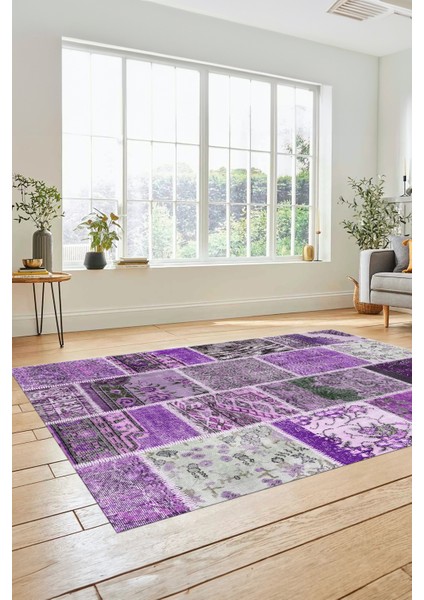 Dijital Kaymaz Taban Yıkanabilir Patchwork Desen Yolluk Mutfak Salon Halısı, Patchwork-04-Mor,