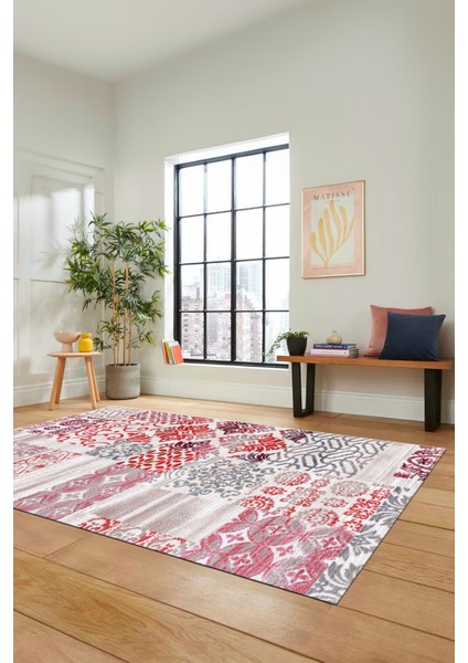Dijital Kaymaz Taban Yıkanabilir Patchwork Desen Yolluk Mutfak Salon Halısı, Patchwork-02-Kırmızı,