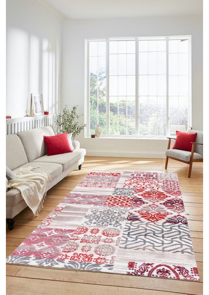 Dijital Kaymaz Taban Yıkanabilir Patchwork Desen Yolluk Mutfak Salon Halısı, Patchwork-02-Kırmızı,