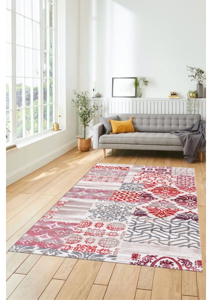 Dijital Kaymaz Taban Yıkanabilir Patchwork Desen Yolluk Mutfak Salon Halısı, Patchwork-02-Kırmızı,