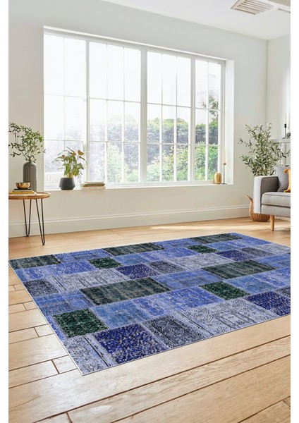Dijital Kaymaz Taban Yıkanabilir Patchwork Desen Yolluk Mutfak Salon Halısı, Patchwork-07-Mavi,