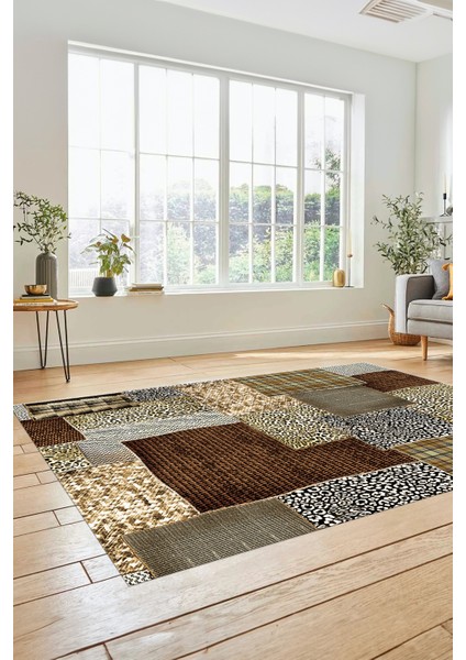 Dijital Kaymaz Taban Yıkanabilir Patchwork Desen Yolluk Mutfak Salon Halısı, Patchwork-15-Kahve,