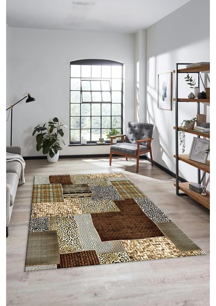 Dijital Kaymaz Taban Yıkanabilir Patchwork Desen Yolluk Mutfak Salon Halısı, Patchwork-15-Kahve,
