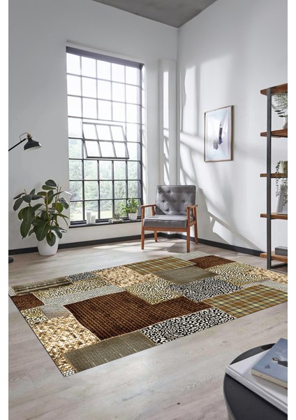 Dijital Kaymaz Taban Yıkanabilir Patchwork Desen Yolluk Mutfak Salon Halısı, Patchwork-15-Kahve,