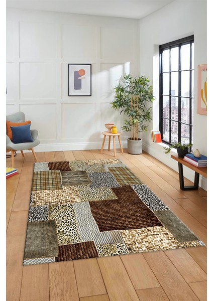 Dijital Kaymaz Taban Yıkanabilir Patchwork Desen Yolluk Mutfak Salon Halısı, Patchwork-15-Kahve,