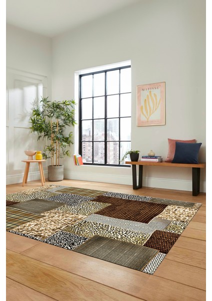 Dijital Kaymaz Taban Yıkanabilir Patchwork Desen Yolluk Mutfak Salon Halısı, Patchwork-15-Kahve,