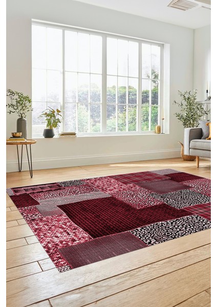 Dijital Kaymaz Taban Yıkanabilir Patchwork Desen Yolluk Mutfak Salon Halısı, Patchwork-15-Kırmızı,