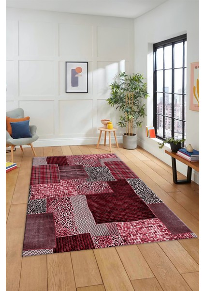 Dijital Kaymaz Taban Yıkanabilir Patchwork Desen Yolluk Mutfak Salon Halısı, Patchwork-15-Kırmızı,