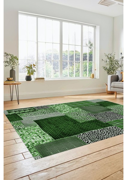 Dijital Kaymaz Taban Yıkanabilir Patchwork Desen Yolluk Mutfak Salon Halısı, Patchwork-15-Yeşil,