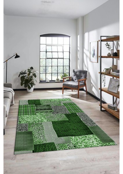 Dijital Kaymaz Taban Yıkanabilir Patchwork Desen Yolluk Mutfak Salon Halısı, Patchwork-15-Yeşil,