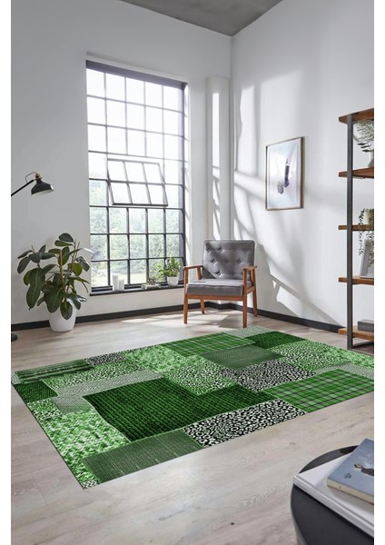 Dijital Kaymaz Taban Yıkanabilir Patchwork Desen Yolluk Mutfak Salon Halısı, Patchwork-15-Yeşil,
