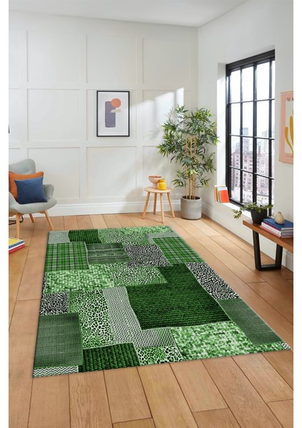 Dijital Kaymaz Taban Yıkanabilir Patchwork Desen Yolluk Mutfak Salon Halısı, Patchwork-15-Yeşil,