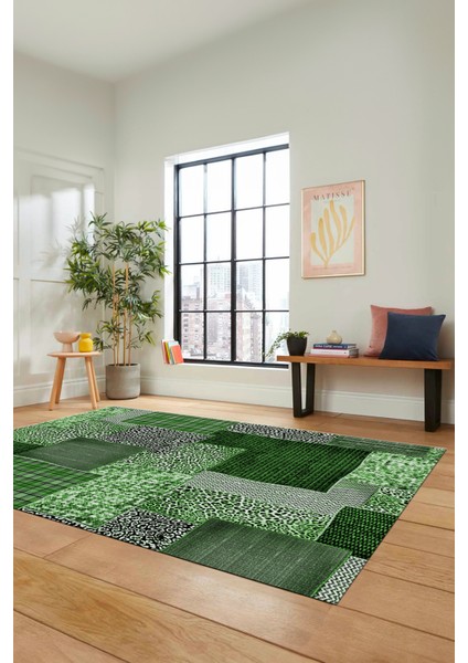 Dijital Kaymaz Taban Yıkanabilir Patchwork Desen Yolluk Mutfak Salon Halısı, Patchwork-15-Yeşil,