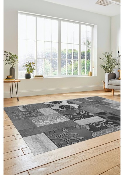 Dijital Kaymaz Taban Yıkanabilir Patchwork Desen Yolluk Mutfak Salon Halısı, Patchwork-16-Gri,