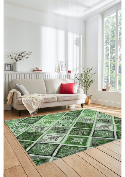 Dijital Kaymaz Taban Yıkanabilir Patchwork Desen Yolluk Mutfak Salon Halısı, Patchwork-08-Yeşil,