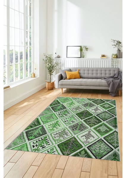 Dijital Kaymaz Taban Yıkanabilir Patchwork Desen Yolluk Mutfak Salon Halısı, Patchwork-08-Yeşil,