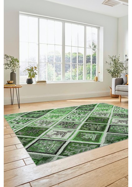 Dijital Kaymaz Taban Yıkanabilir Patchwork Desen Yolluk Mutfak Salon Halısı, Patchwork-08-Yeşil,