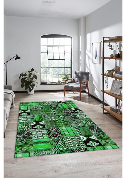 Dijital Kaymaz Taban Yıkanabilir Patchwork Desen Yolluk Mutfak Salon Halısı, Patchwork-06-Yeşil,
