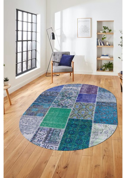 Baskılı Kaymaz Taban Yıkanabilir Patchwork Desen Oval Yolluk Salon Halısı, O-Patchwork-01-Mavi,