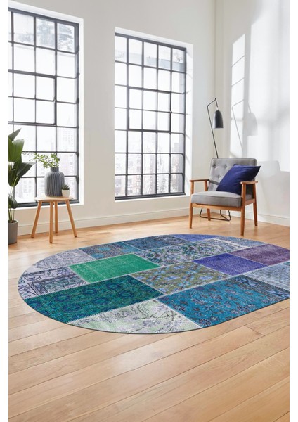 Baskılı Kaymaz Taban Yıkanabilir Patchwork Desen Oval Yolluk Salon Halısı, O-Patchwork-01-Mavi,