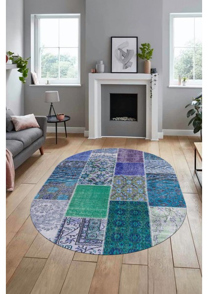 Baskılı Kaymaz Taban Yıkanabilir Patchwork Desen Oval Yolluk Salon Halısı, O-Patchwork-01-Mavi,