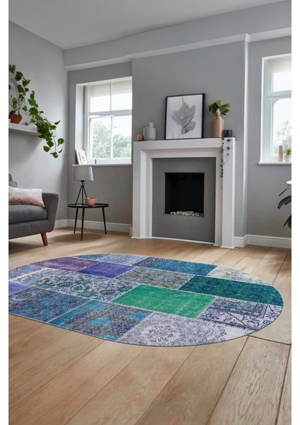 Baskılı Kaymaz Taban Yıkanabilir Patchwork Desen Oval Yolluk Salon Halısı, O-Patchwork-01-Mavi,