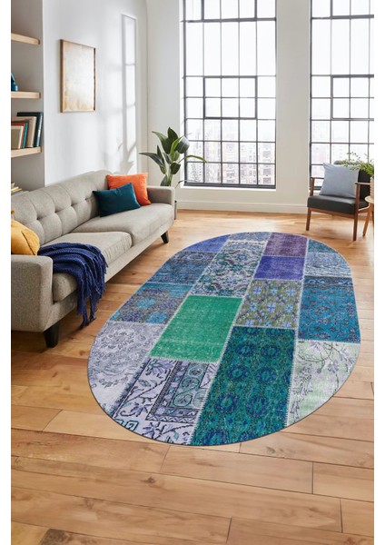 Baskılı Kaymaz Taban Yıkanabilir Patchwork Desen Oval Yolluk Salon Halısı, O-Patchwork-01-Mavi,