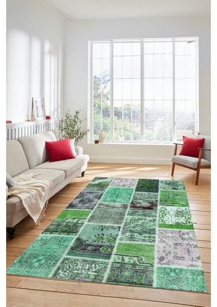 Dijital Kaymaz Taban Yıkanabilir Patchwork Desen Yolluk Mutfak Salon Halısı, Patchwork-04-Yeşil,