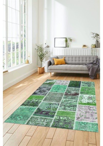 Dijital Kaymaz Taban Yıkanabilir Patchwork Desen Yolluk Mutfak Salon Halısı, Patchwork-04-Yeşil,