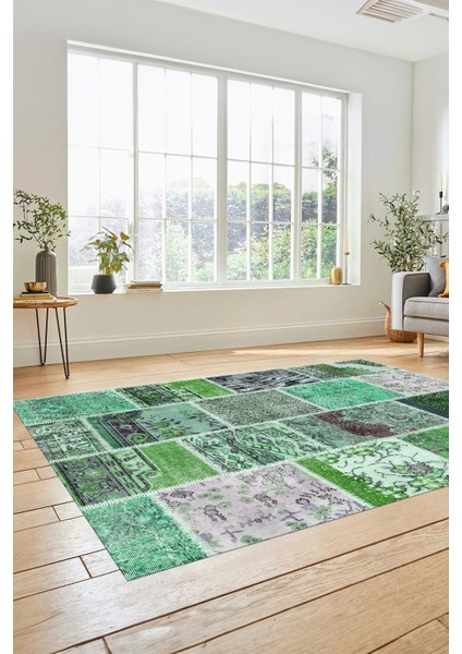 Dijital Kaymaz Taban Yıkanabilir Patchwork Desen Yolluk Mutfak Salon Halısı, Patchwork-04-Yeşil,